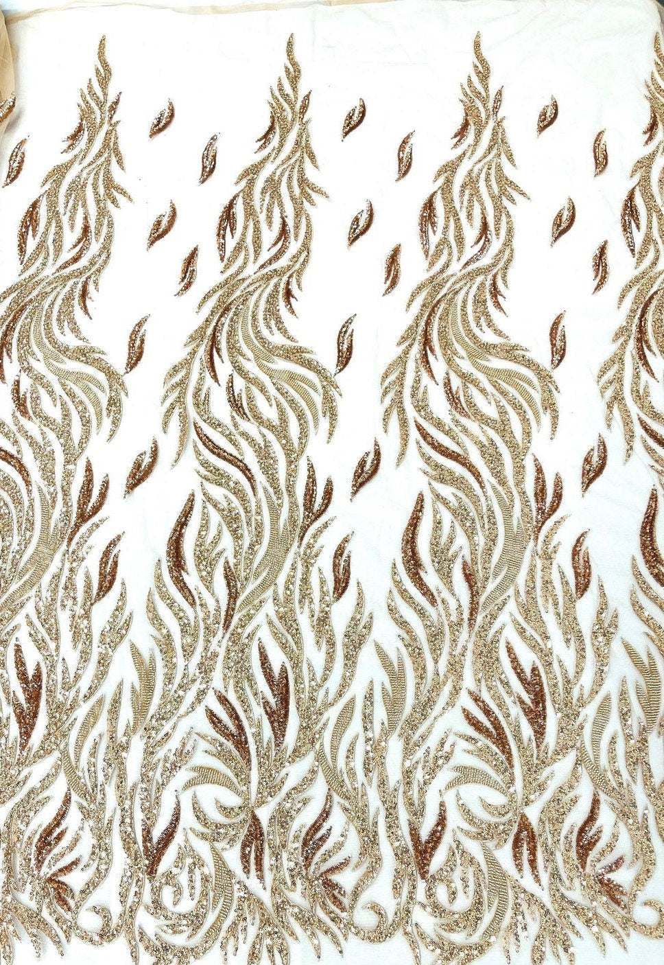 ROSE GOLD - Fire Feather Designs Embroider Sequins and Heavy Beaded On a Mesh Lace Fabric-Sold by The Yard-