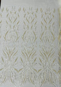 FLAMES FEATHER-  Designs Embroider with Sequins and Heavy Beaded on a Mesh Lace Fabric-Sold By The Yard - IVORY