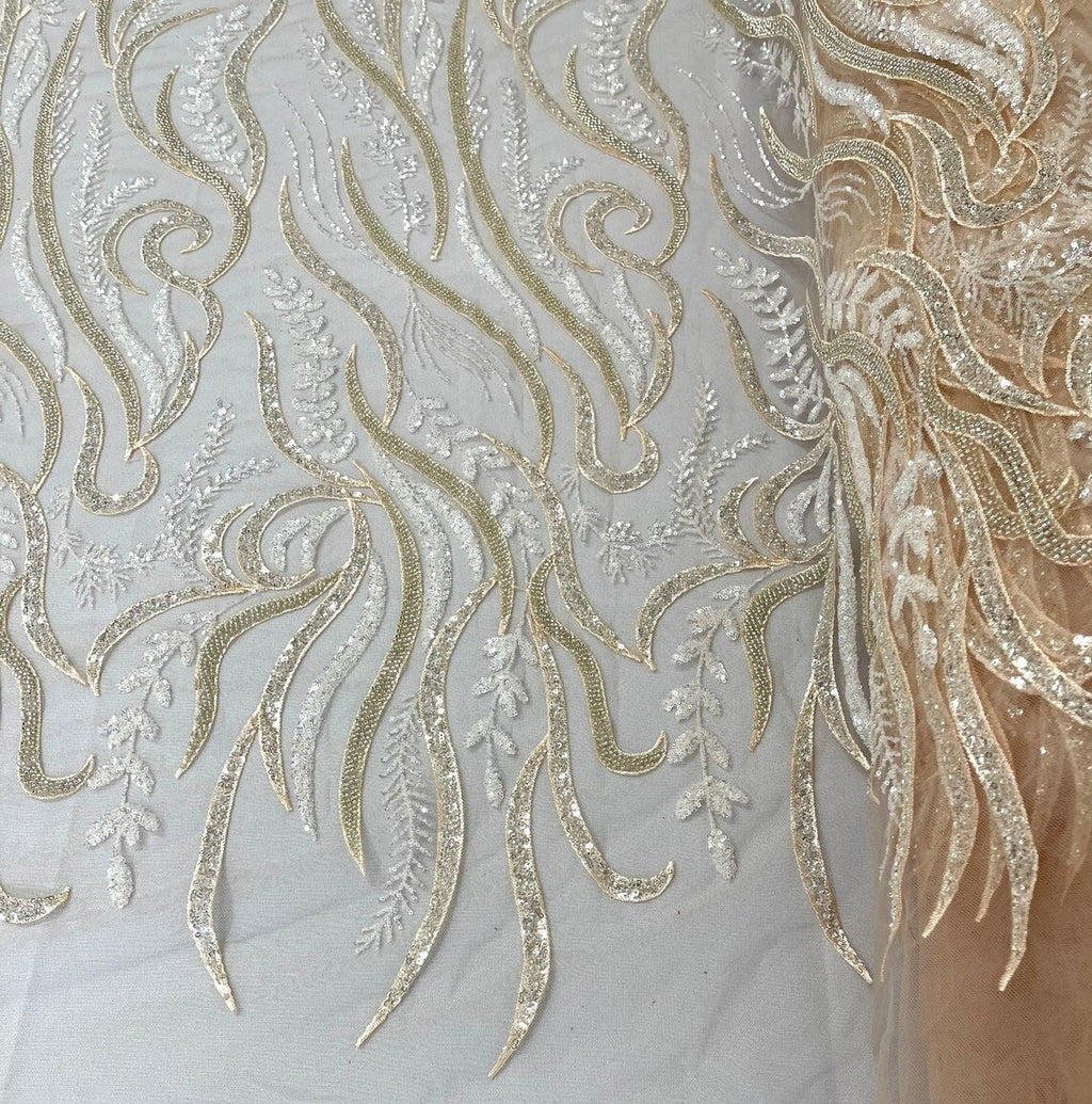 FEATHER-  Designs Embroider with Sequins and Heavy Beaded on a Mesh Lace Fabric - Sold By The Yard - BLUSH