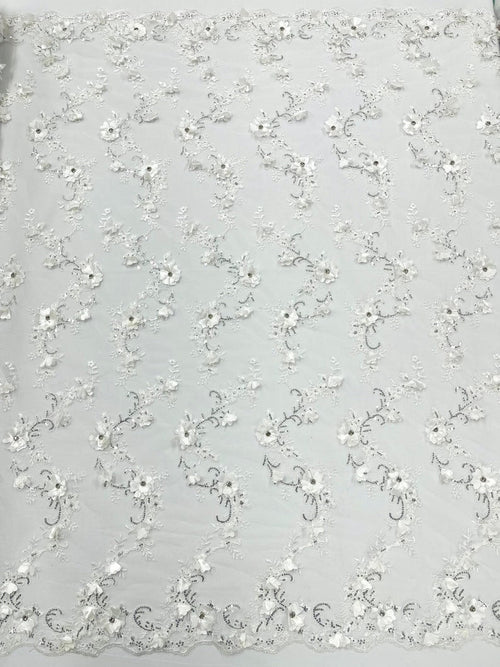 3D Floral Design Embroider and Beaded With Rhinestones On a Mesh Lace. Sold By The Yard. IVORY - For Bridal Weddings Prom & Quinceanera