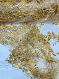 METALLIC BRANCHES  -  Designs Embroider with Sequins and Heavy Beaded on a Mesh Lace Fabric - Sold By The Yard - GOLD