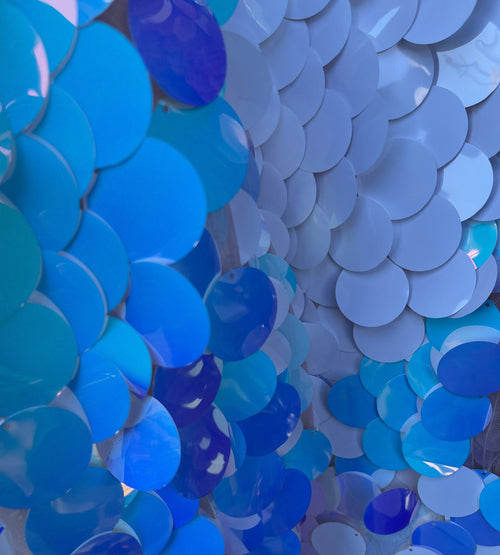 BIG PAILLETTE - AQUA - White - Iridescent Big Round Paillette on Stretch Mesh 2 Way Stretch - Sold By Yard. Mermaid Sequin Fabric Fashion