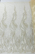 BEIGE - Fire Feather Designs Embroider Sequins and Heavy Beaded On a Mesh Lace Fabric-Sold by The Yard-