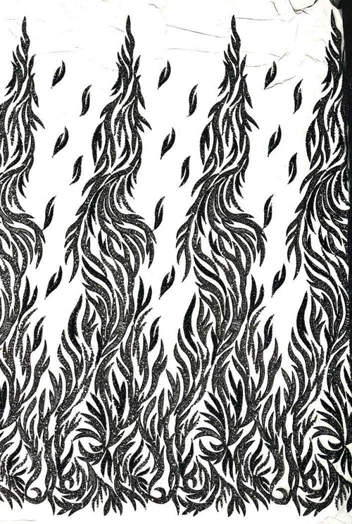 BLACK - Fire Feather Designs Embroider Sequins and Heavy Beaded On a Mesh Lace Fabric-Sold by The Yard-