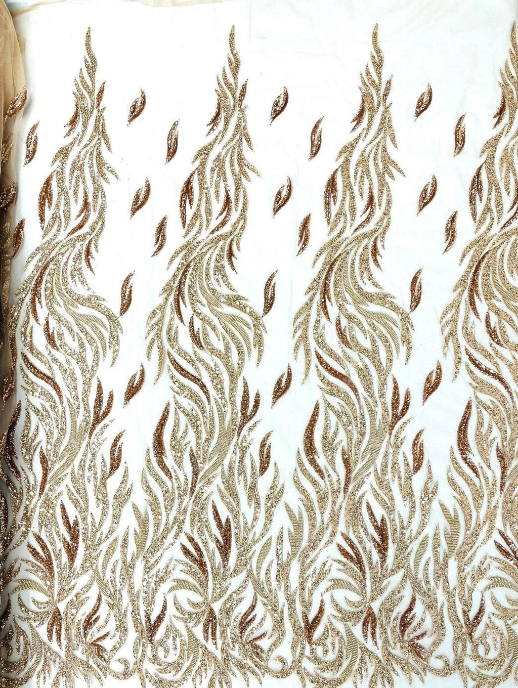 ROSE GOLD - Fire Feather Designs Embroider Sequins and Heavy Beaded On a Mesh Lace Fabric-Sold by The Yard-