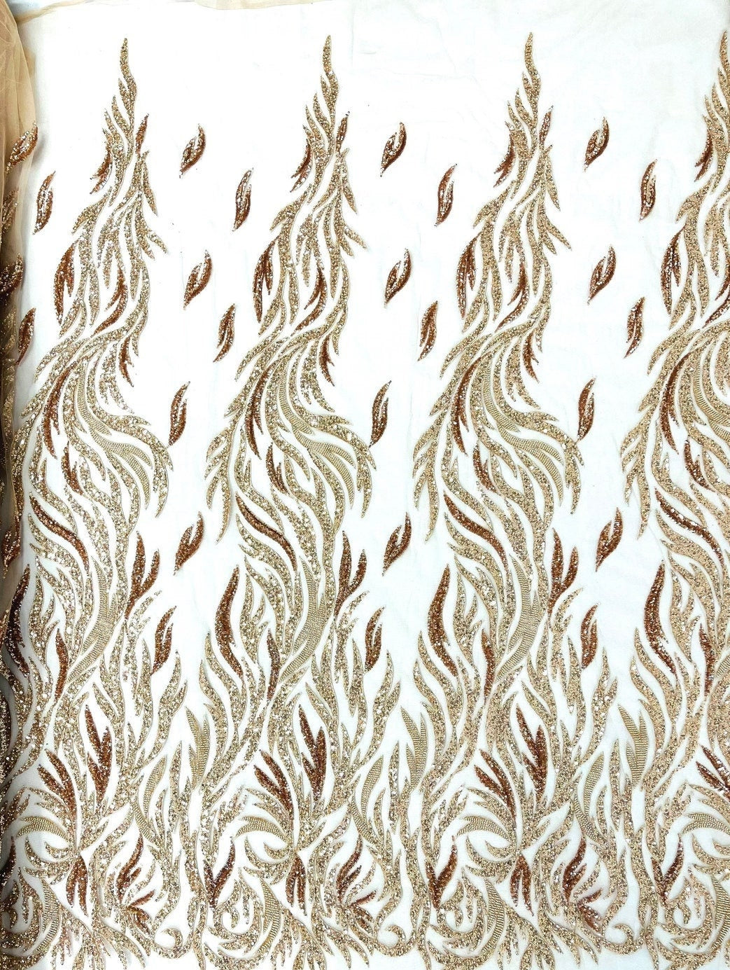 ROSE GOLD - Fire Feather Designs Embroider Sequins and Heavy Beaded On a Mesh Lace Fabric-Sold by The Yard-