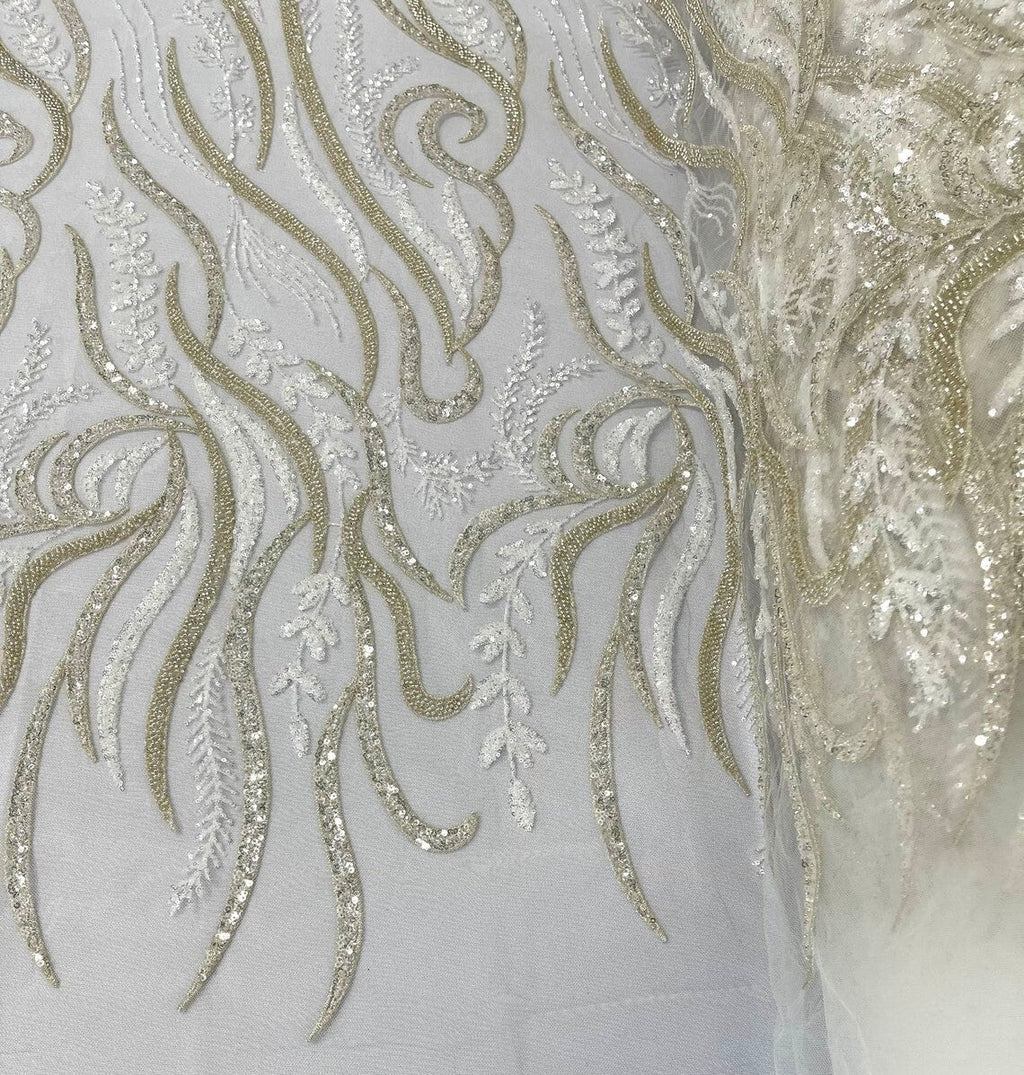 FEATHER-  Designs Embroider with Sequins and Heavy Beaded on a Mesh Lace Fabric - Sold By The Yard - IVORY