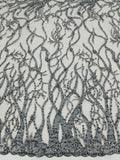 LUXURY ROOTS -  Designs Embroider with Sequins and Heavy Beaded on a Mesh Lace Fabric - Sold By The Yard - SILVER
