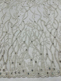 LUXURY ROOTS -  Designs Embroider with Sequins and Heavy Beaded on a Mesh Lace Fabric - Sold By The Yard - WHITE