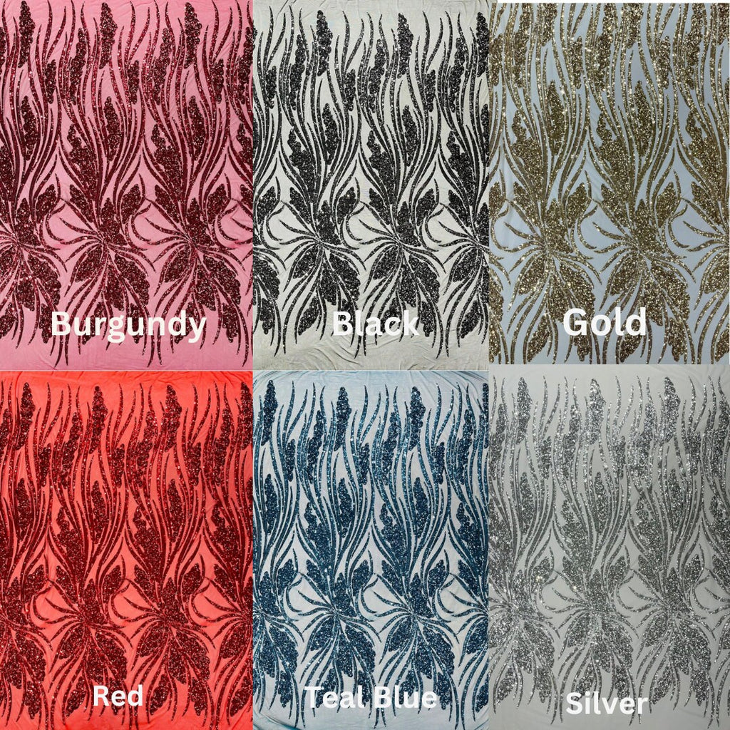 FEATHER - Shiny Sequin Design 4 Way Stretch Mesh Fabric-Prom-Sold By The Yard. Choose Color Below
