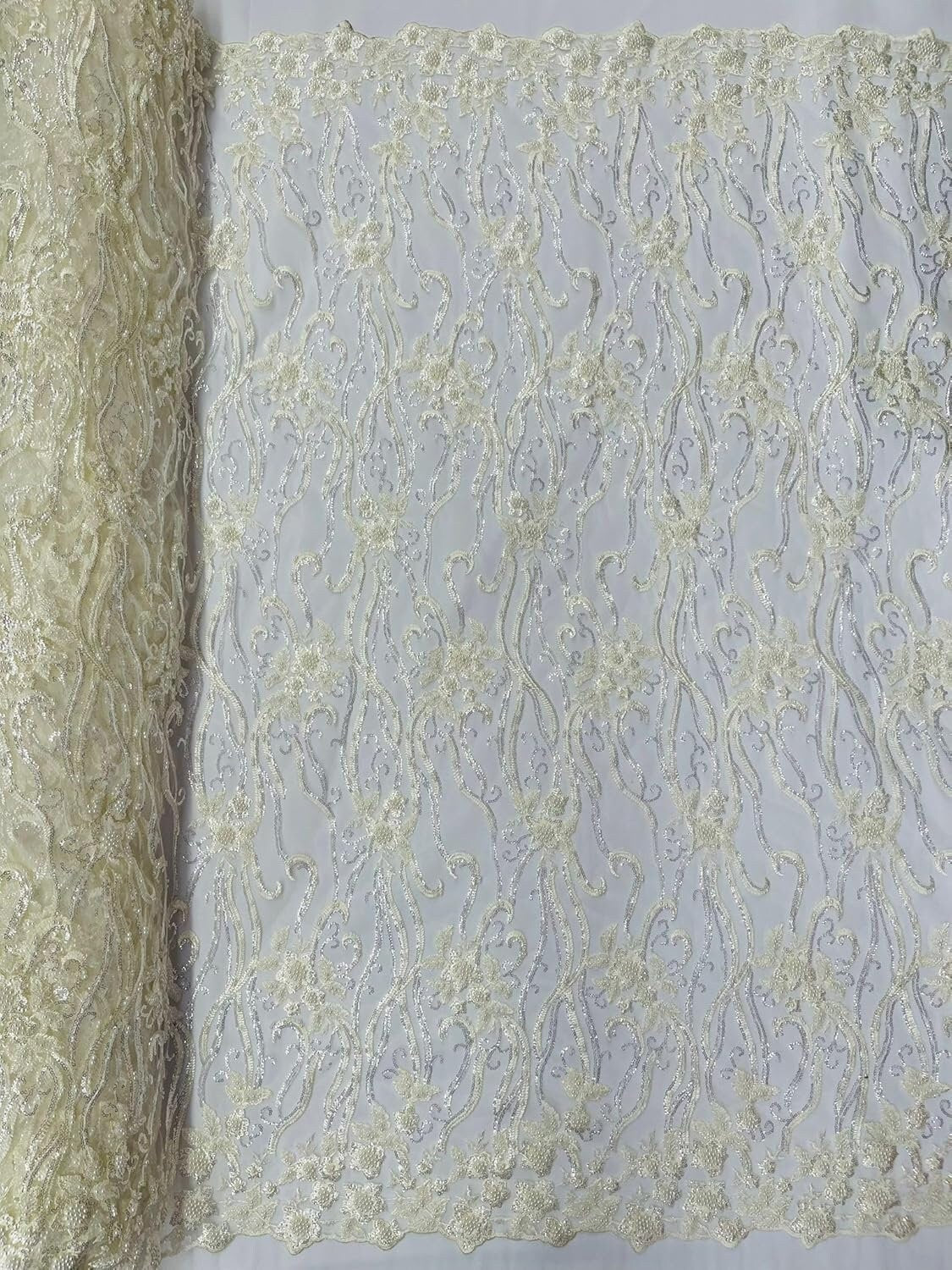 Floral Beaded Lace/Sequin Embroider Lace Fabric - Sold by The Yard. Choose Color Below