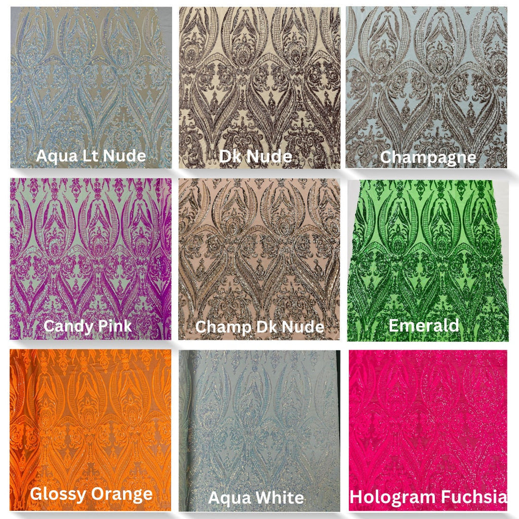 DAMASK - Shiny Sequin Design 4 Way Stretch Mesh Fabric. Sold By The Yard. Choose Color Below