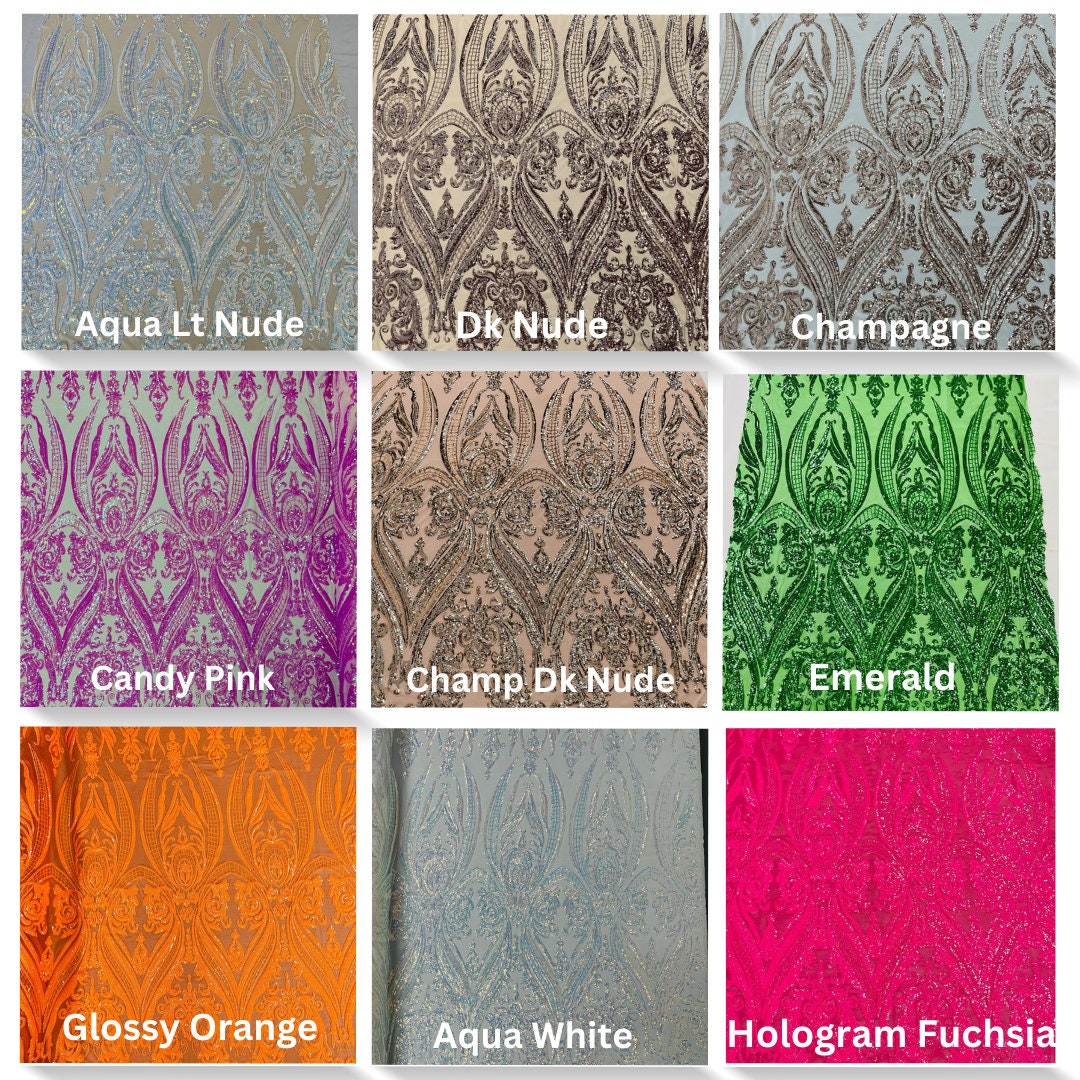 DAMASK - Shiny Sequin Design 4 Way Stretch Mesh Fabric. Sold By The Yard. Choose Color Below