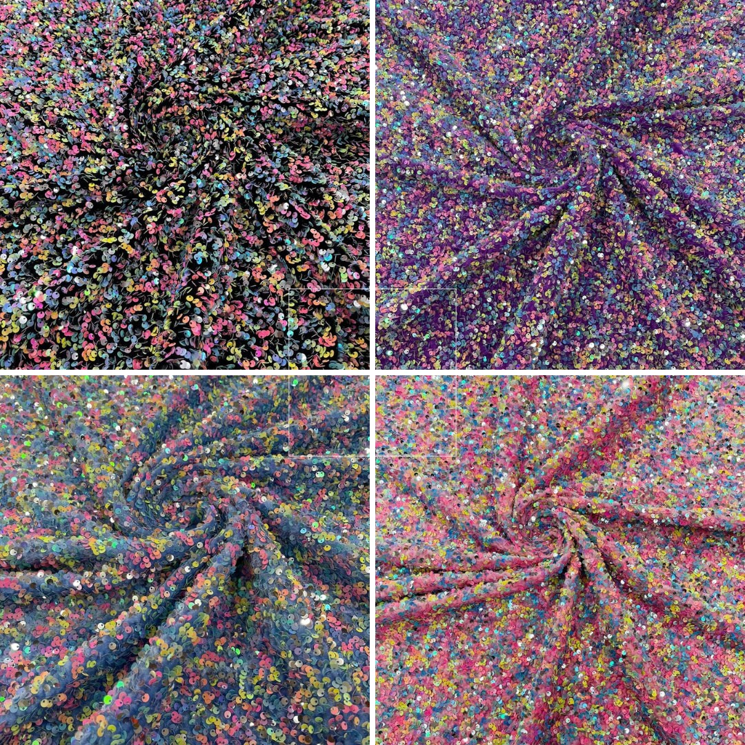 CONFETTI - Multi Color Confetti All Over Shiny Sequins Stretch Velvet, Sold By The Yard. Choose Color Below