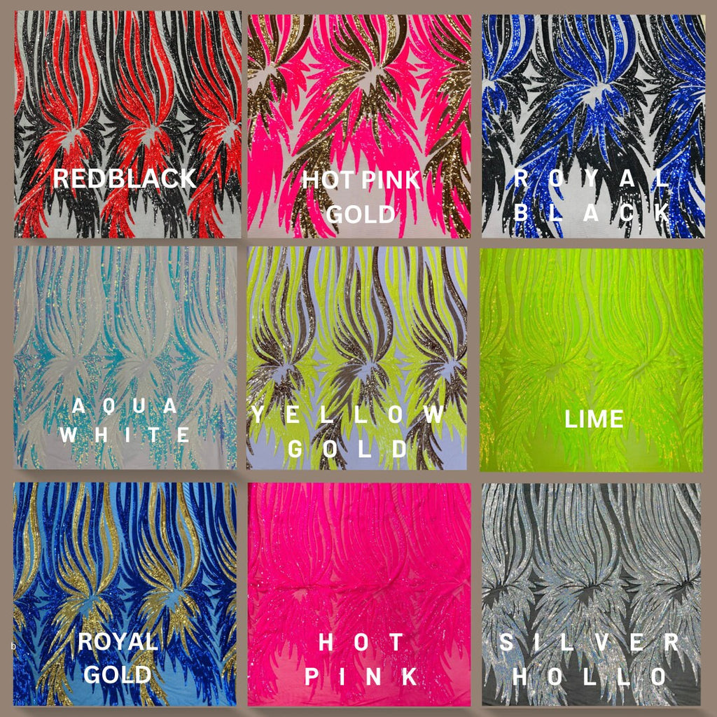 PEACOCK FEATHER FASHION - Shiny Sequin Design 4 Way Stretch Mesh Fabric. Sold By The Yard. Choose Color Below