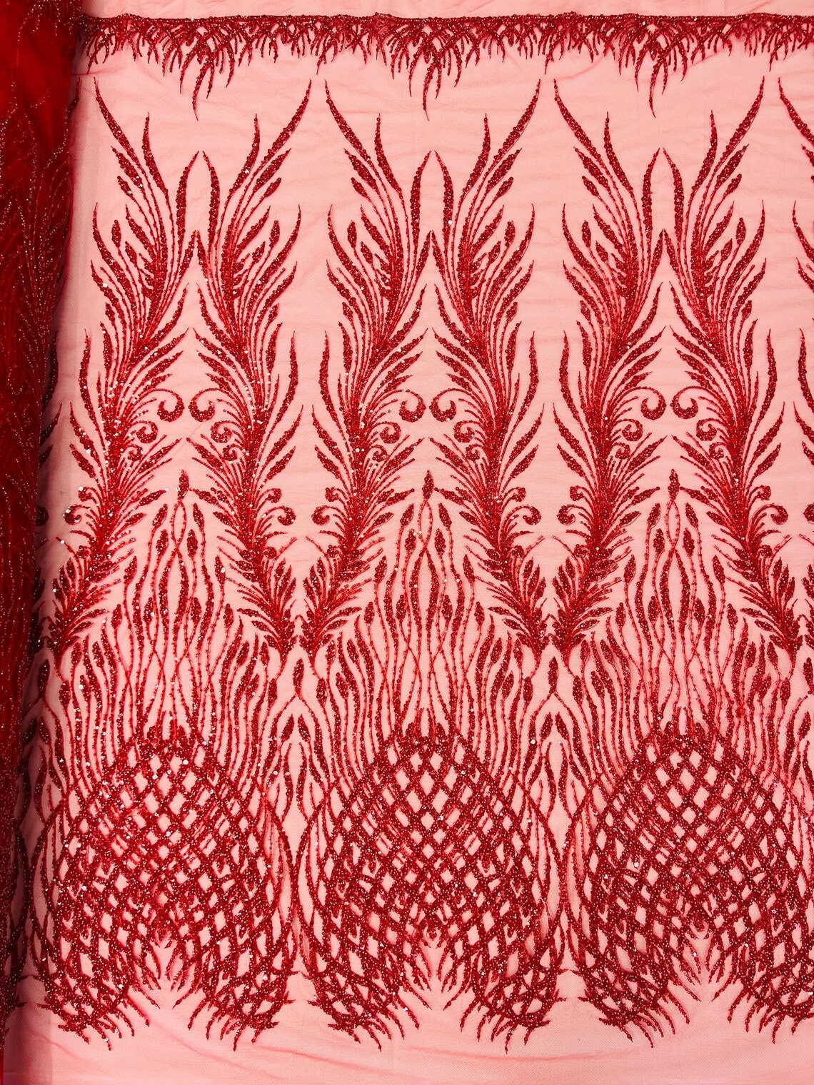 ANGEL WING FEATHERS - 3D Beaded Design with Embroidered Sequins and Beads On a Mesh Lace Fabric for Prom Dress By The Yard