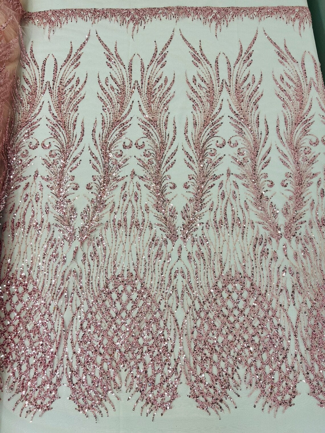 ANGEL WING FEATHERS - 3D Beaded Design with Embroidered Sequins and Beads On a Mesh Lace Fabric for Prom Dress By The Yard