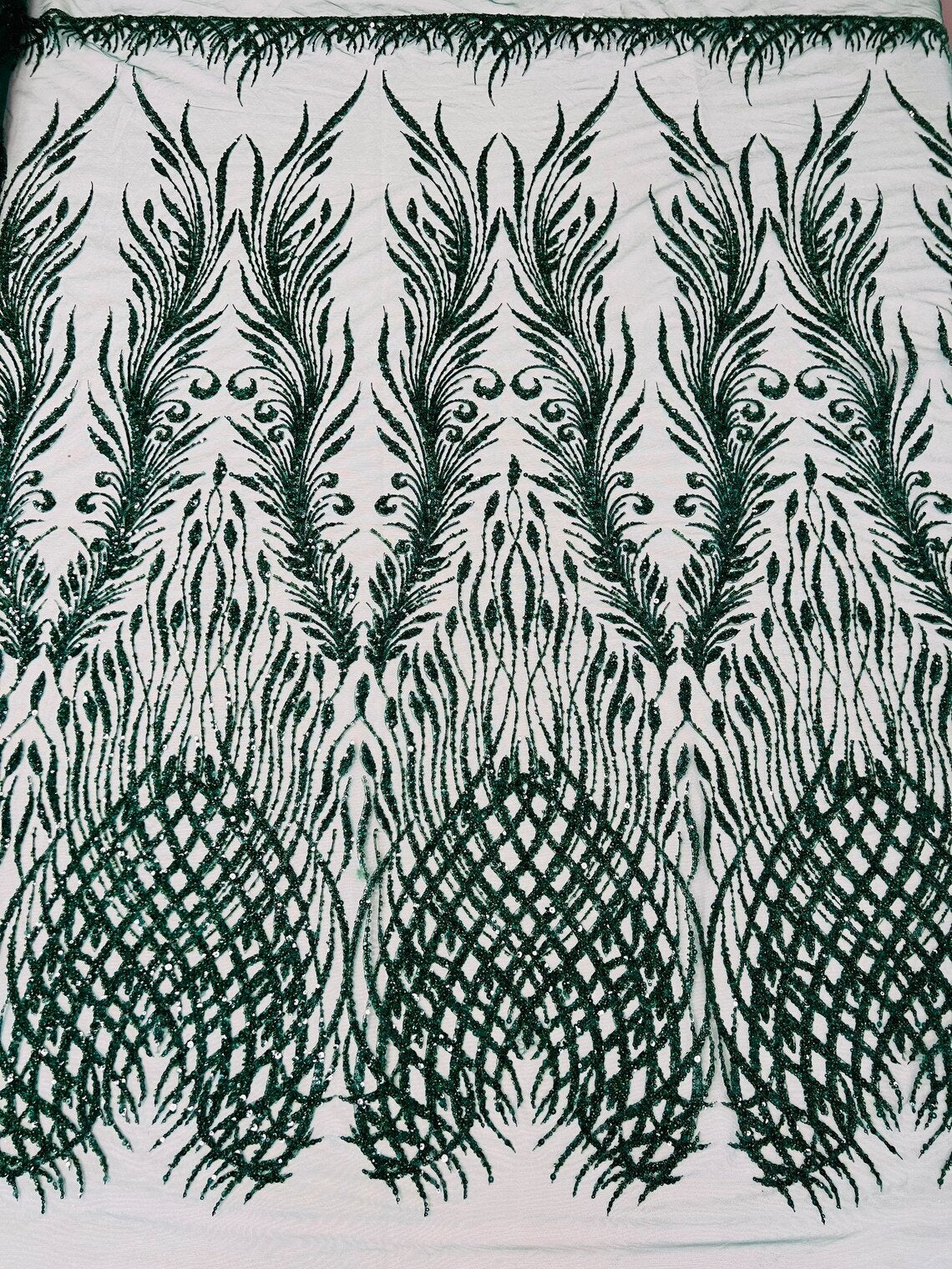 ANGEL WING FEATHERS - 3D Beaded Design with Embroidered Sequins and Beads On a Mesh Lace Fabric for Prom Dress By The Yard