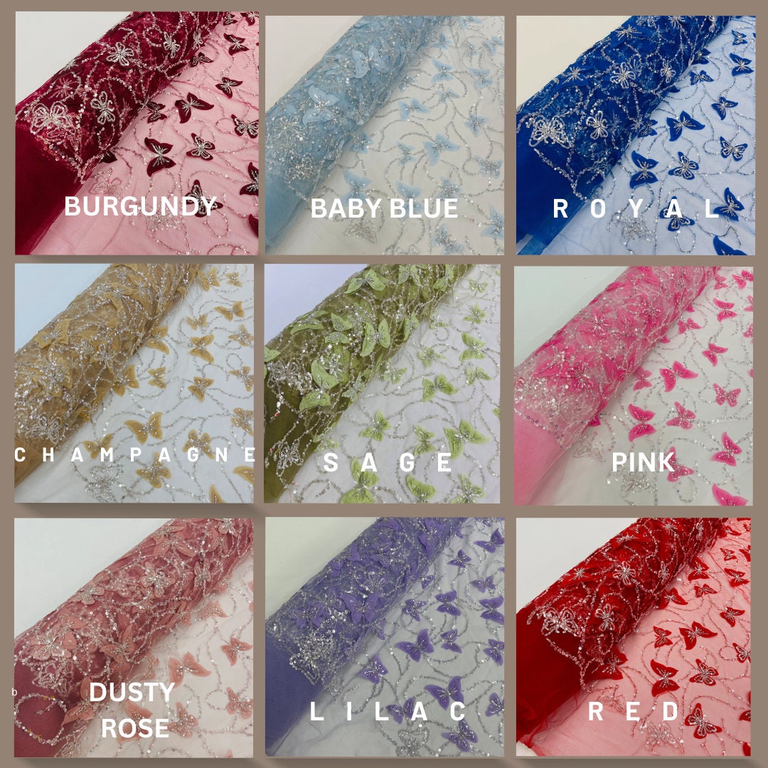 BUTTERFLY - 3D Butterfly Embroidered Beaded Sequin Fabric By The Yard, 3D Butterfly Beaded Sequins on a Mesh For Wedding. Choose Color