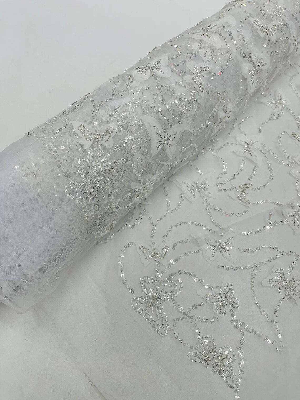 BUTTERFLY - 3D Butterfly Embroidered Beaded Sequin Fabric By The Yard, 3D Butterfly Beaded Sequins on a Mesh For Wedding. Choose Color