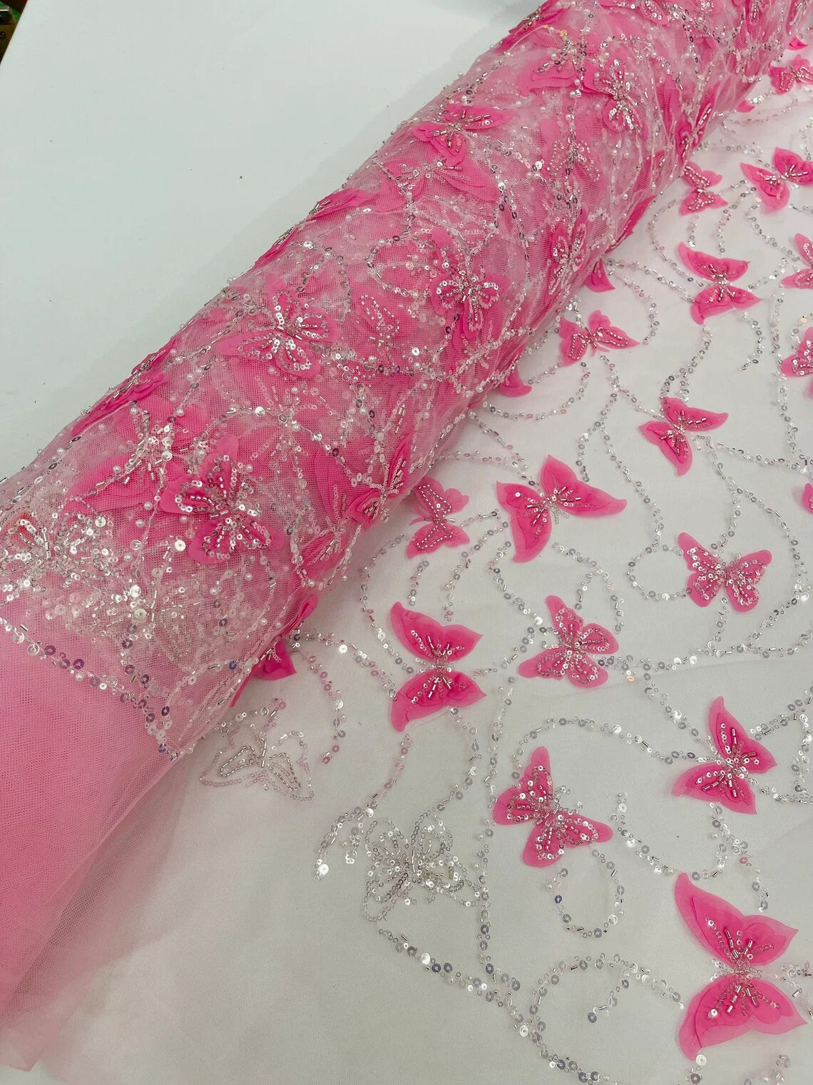 BUTTERFLY - 3D Butterfly Embroidered Beaded Sequin Fabric By The Yard, 3D Butterfly Beaded Sequins on a Mesh For Wedding. Choose Color