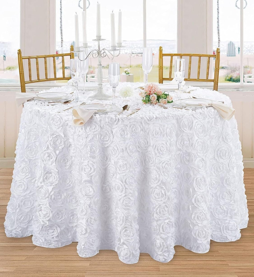 WHITE - Round Tablecloth Table Cloth Satin Rosette Tablecloth - 3D Floral Table Cloth for Wedding Baby Shower Birthday Tea Party Dessert