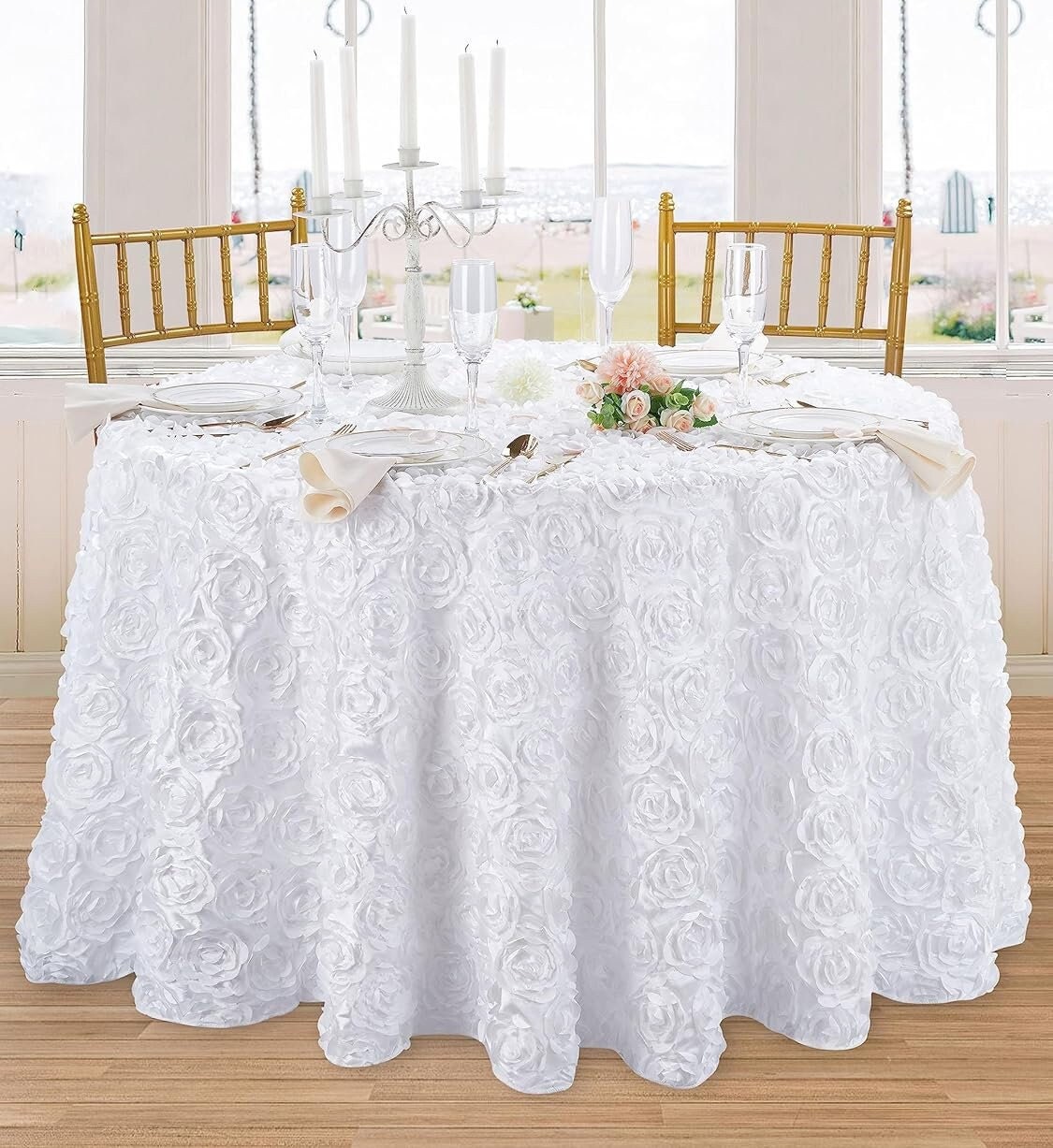 WHITE - Round Tablecloth Table Cloth Satin Rosette Tablecloth - 3D Floral Table Cloth for Wedding Baby Shower Birthday Tea Party Dessert