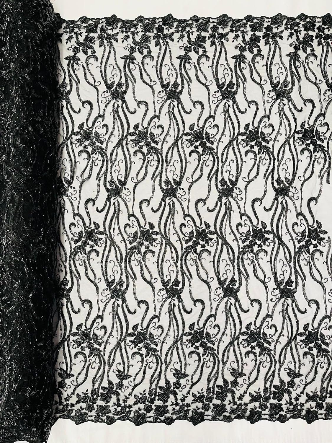 Floral Beaded Lace/Sequin Embroider Lace Fabric - Sold by The Yard. Choose Color Below