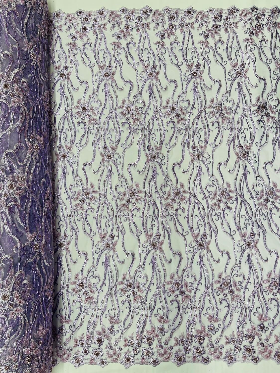 Floral Beaded Lace/Sequin Embroider Lace Fabric - Sold by The Yard. Choose Color Below