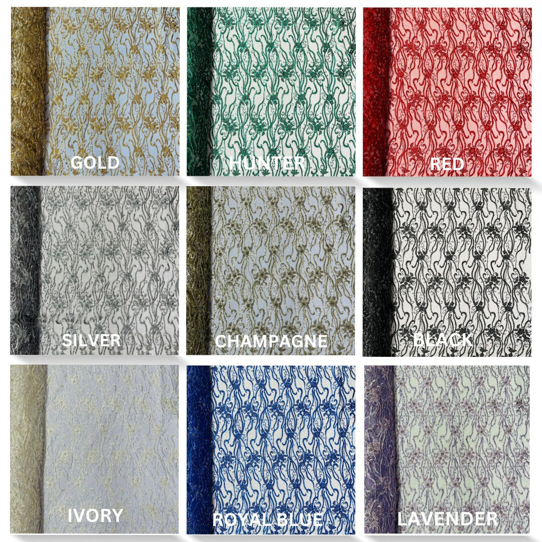 Floral Beaded Lace/Sequin Embroider Lace Fabric - Sold by The Yard. Choose Color Below