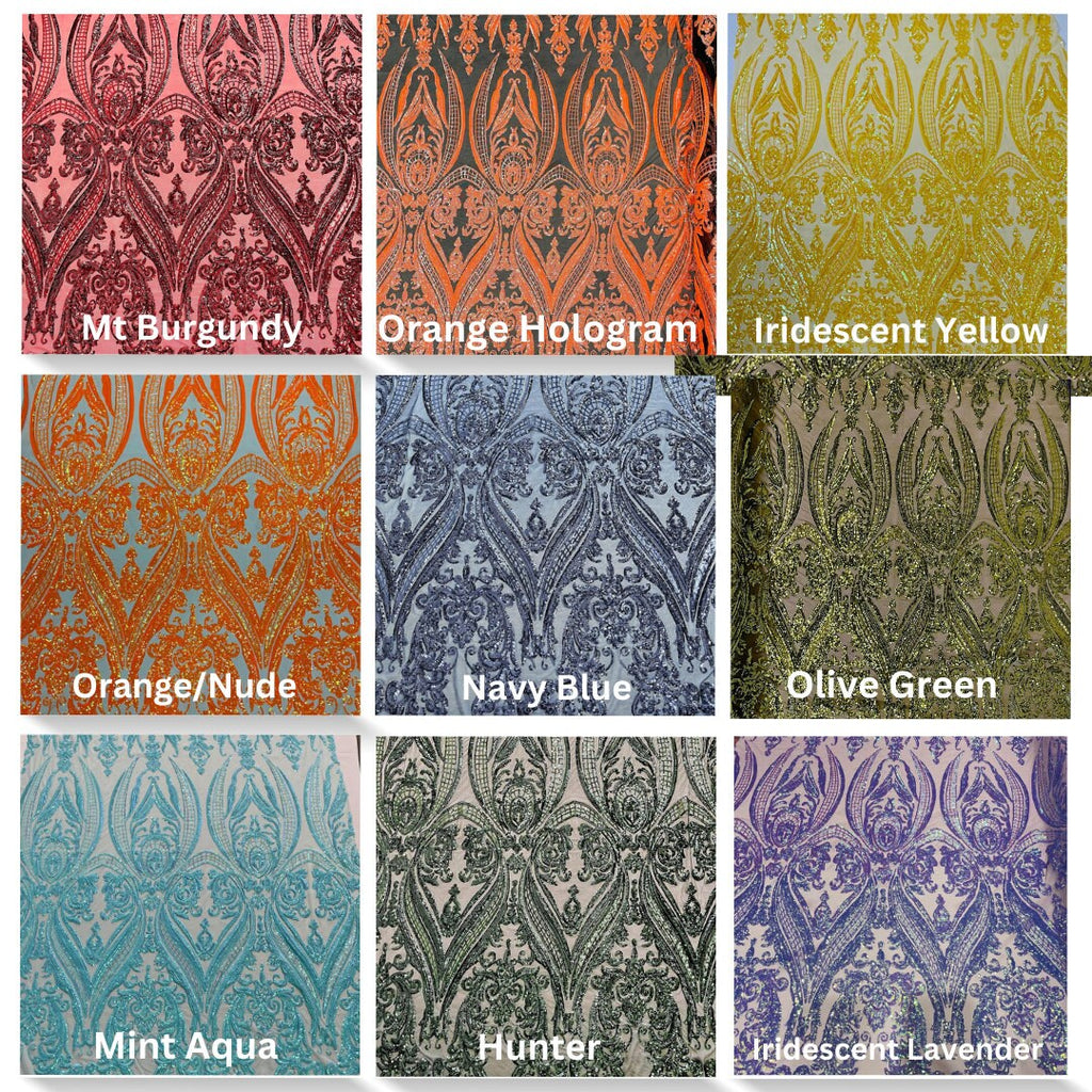 DAMASK - Shiny Sequin Design 4 Way Stretch Mesh Fabric. Sold By The Yard. Choose Color Below