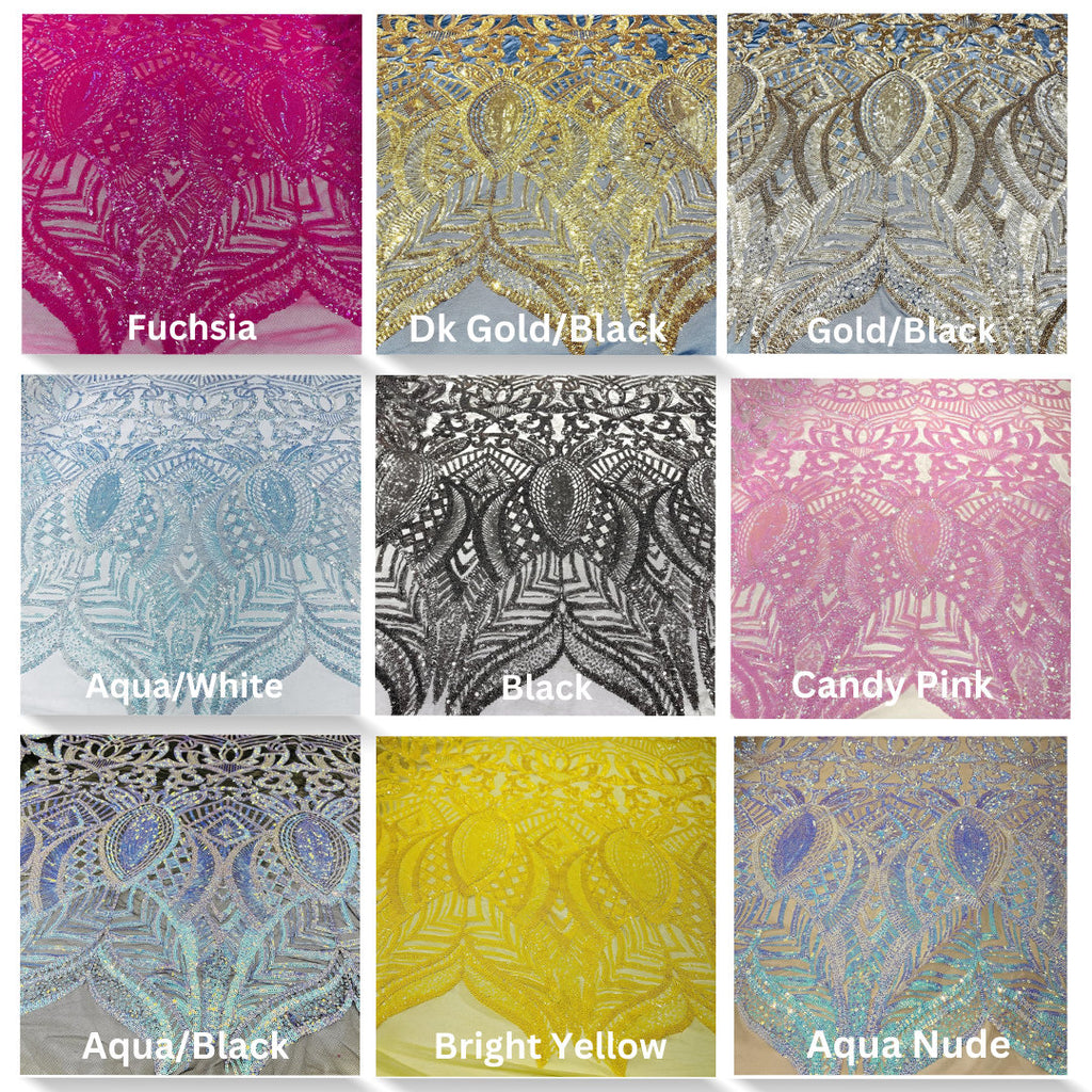 MERMAID - Shiny Sequin Design 4 Way Stretch Mesh Fabric. Sold By The Yard. Choose Color Below
