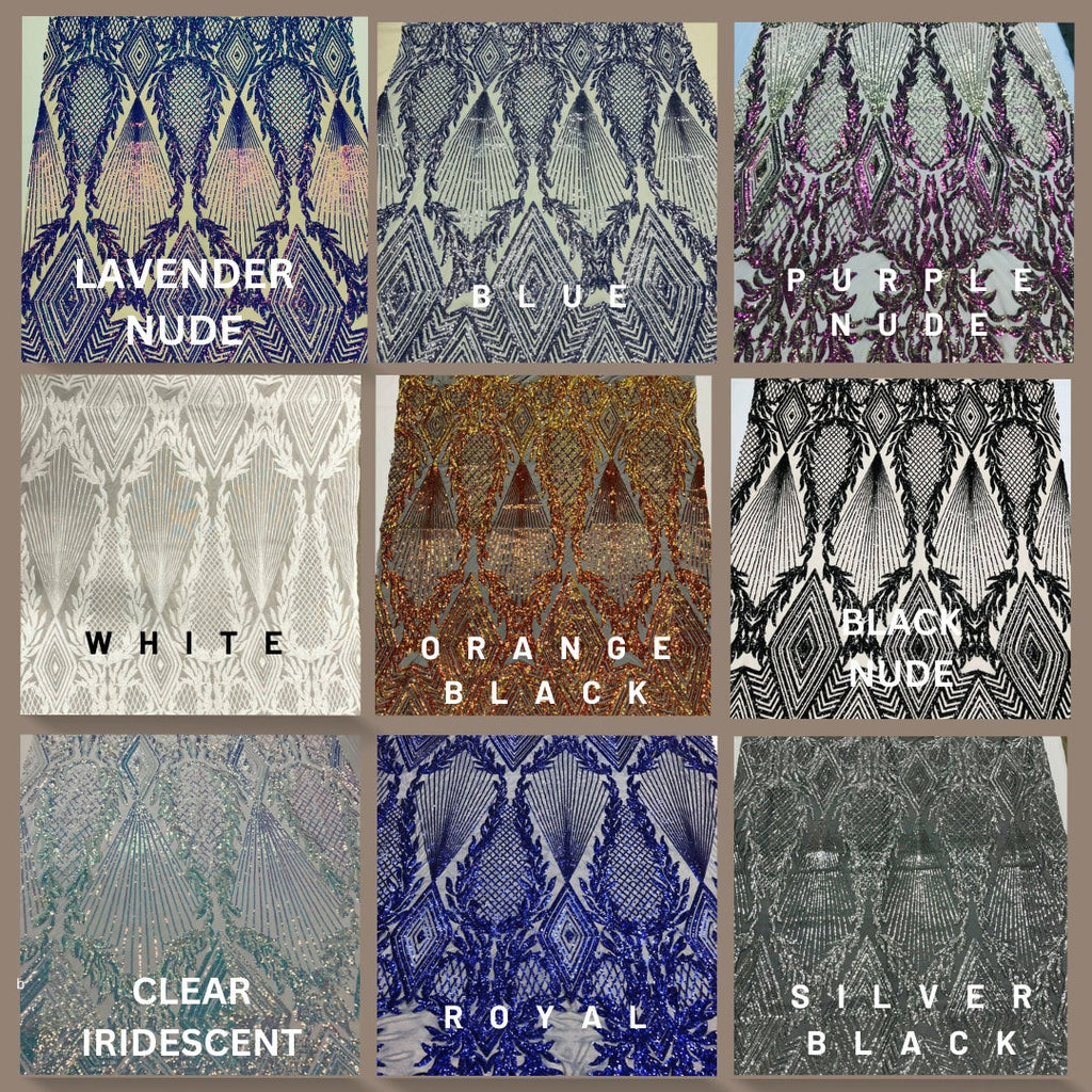 DIAMOND FASHION - Shiny Sequin Design 4 Way Stretch Mesh Fabric. Sold By The Yard. Choose Color Below