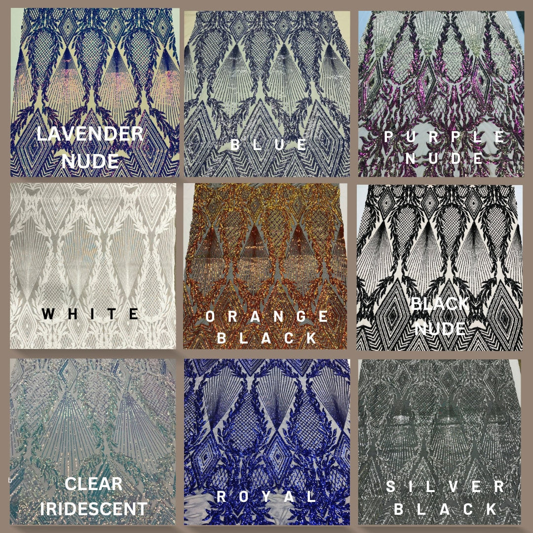 DIAMOND FASHION - Shiny Sequin Design 4 Way Stretch Mesh Fabric. Sold By The Yard. Choose Color Below