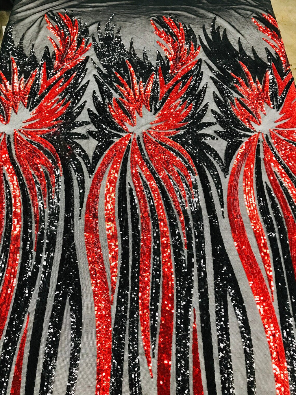 PEACOCK FEATHER FASHION - Shiny Sequin Design 4 Way Stretch Mesh Fabric. Sold By The Yard. Choose Color Below