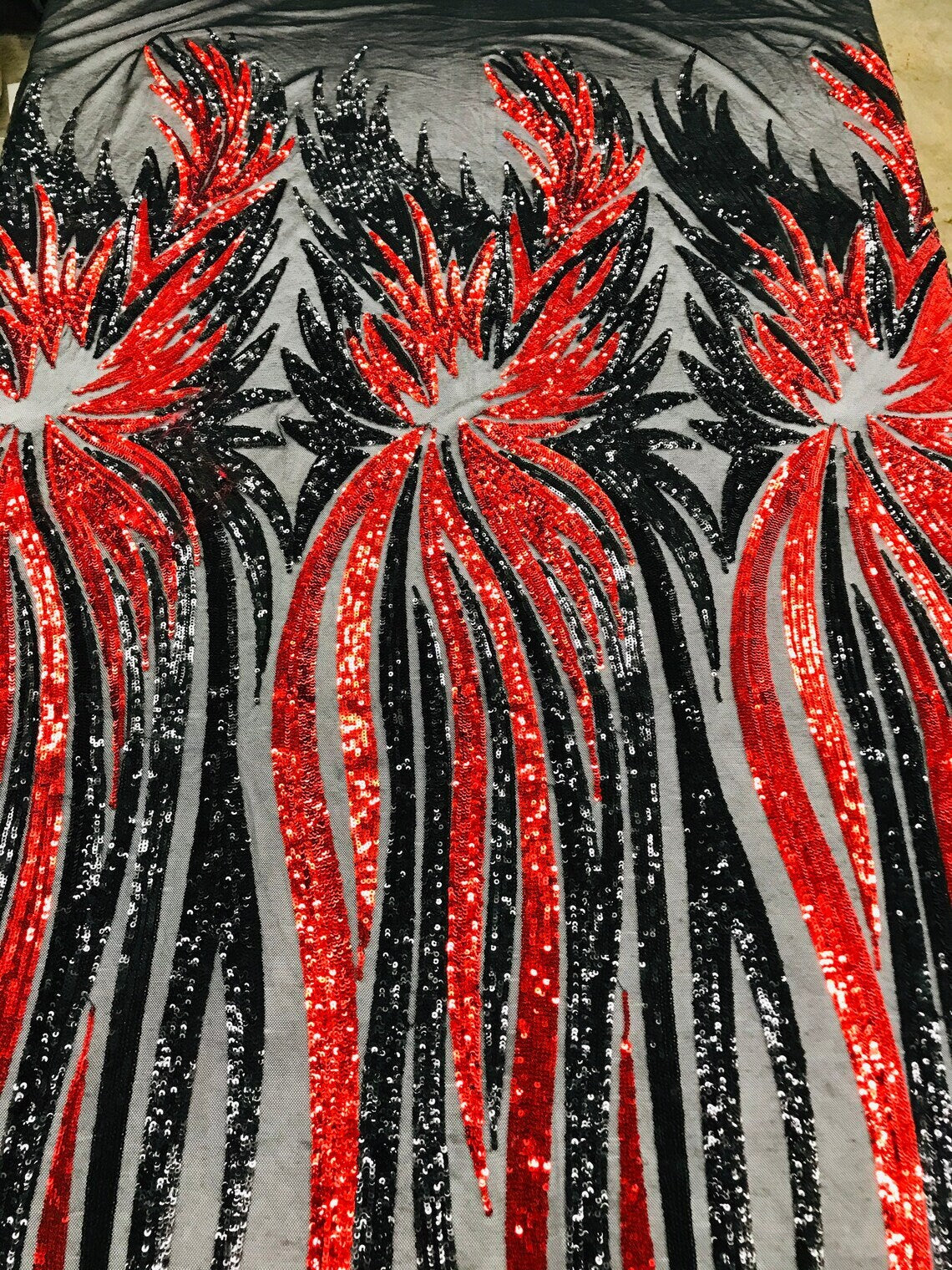 PEACOCK FEATHER FASHION - Shiny Sequin Design 4 Way Stretch Mesh Fabric. Sold By The Yard. Choose Color Below