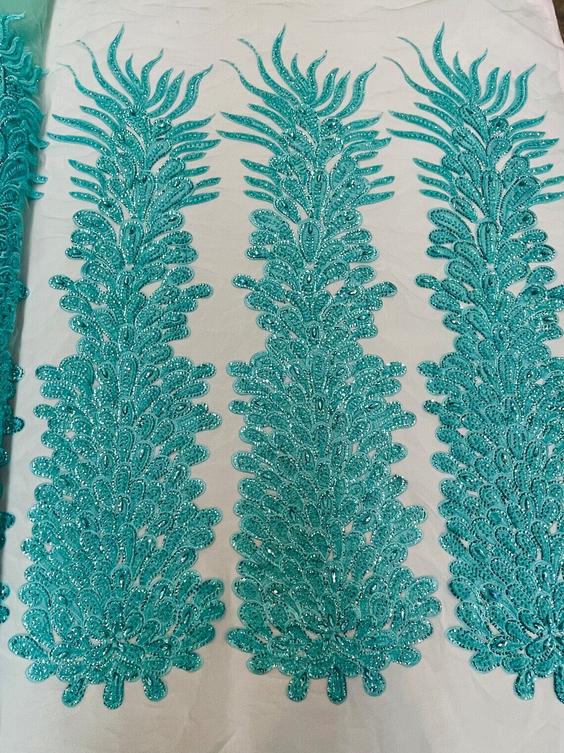 Peacock Feathers - 3D Beaded Design with Embroidered Sequins and Beads On a Mesh Lace Fabric for Prom Dress 1 Feather Panel