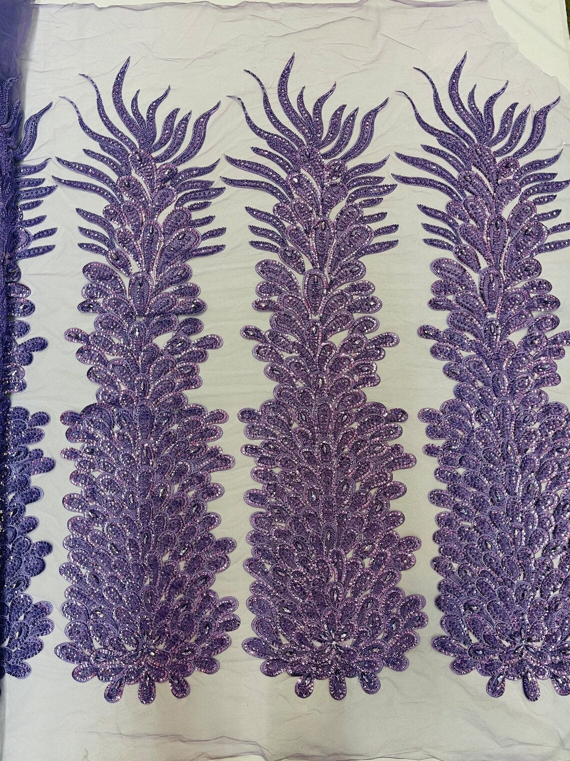 Peacock Feathers - 3D Beaded Design with Embroidered Sequins and Beads On a Mesh Lace Fabric for Prom Dress 1 Feather Panel