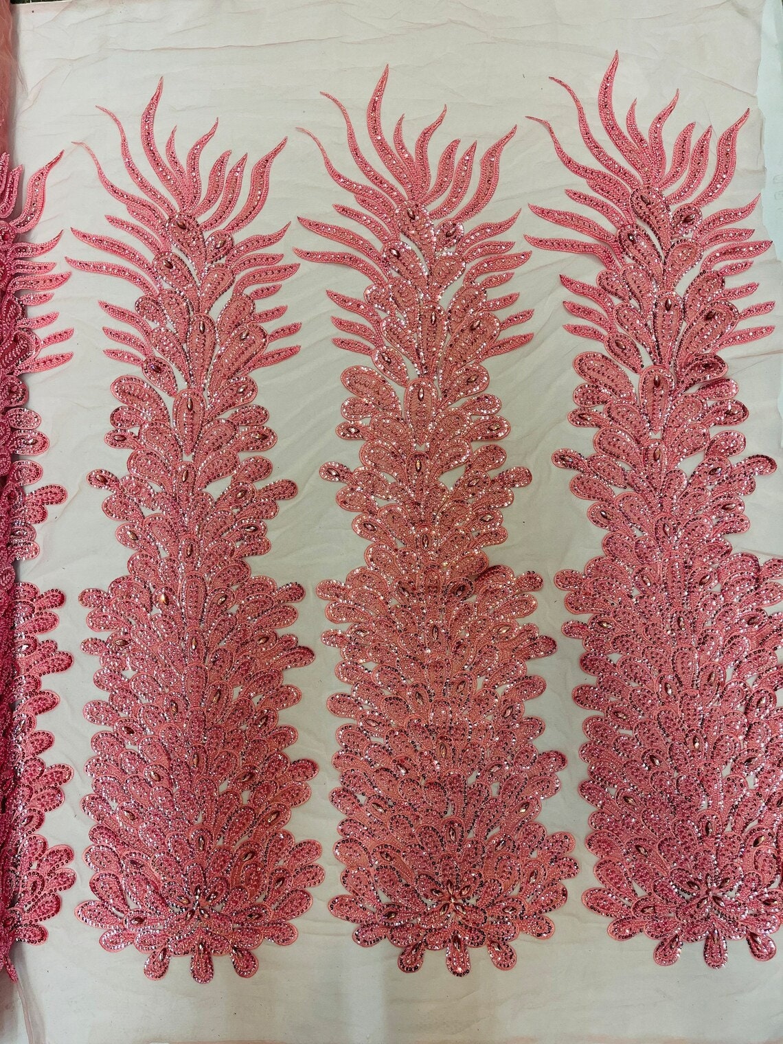 Peacock Feathers - 3D Beaded Design with Embroidered Sequins and Beads On a Mesh Lace Fabric for Prom Dress 1 Feather Panel