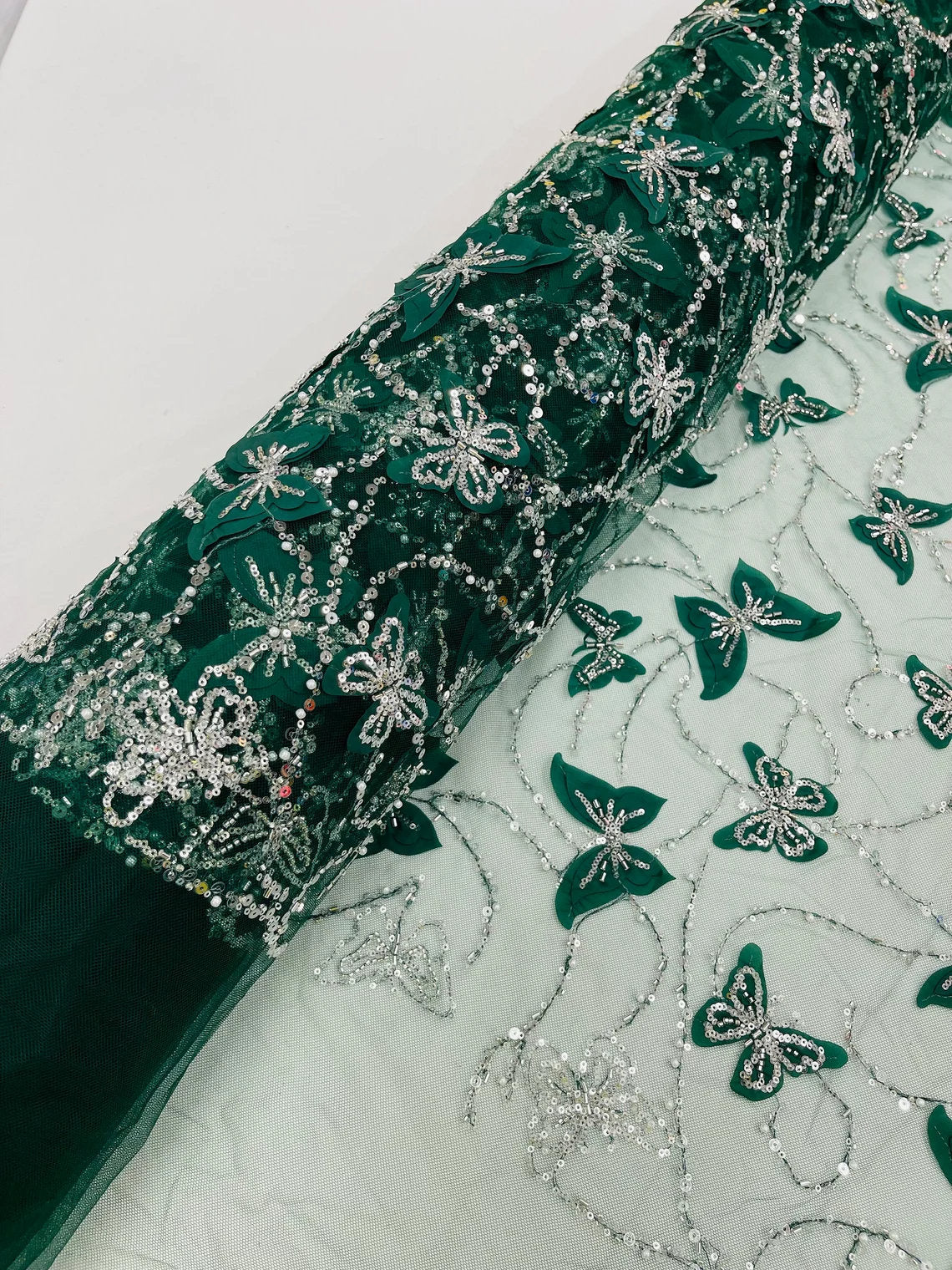 BUTTERFLY - 3D Butterfly Embroidered Beaded Sequin Fabric By The Yard, 3D Butterfly Beaded Sequins on a Mesh For Wedding. Choose Color