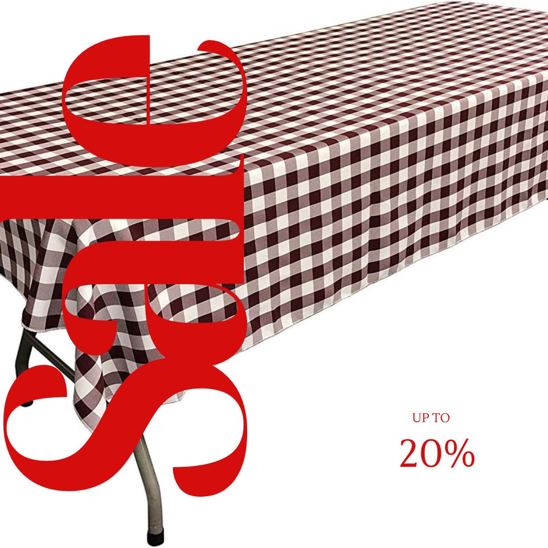 Polyester Poplin Gingham Checkered Rectangular Tablecloth (White & Burgundy, Choose Size Below