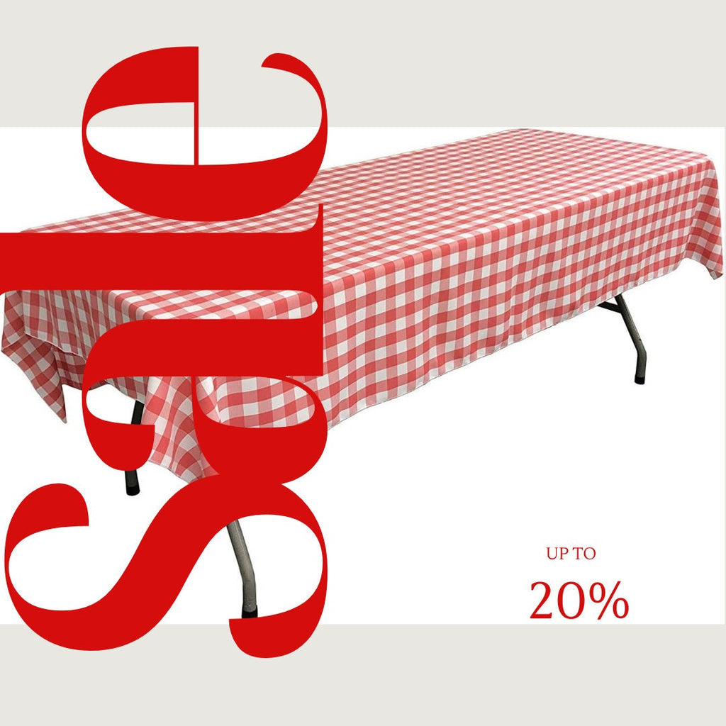Polyester Poplin Gingham Checkered Rectangular Tablecloth (White & Coral, Choose Size Below