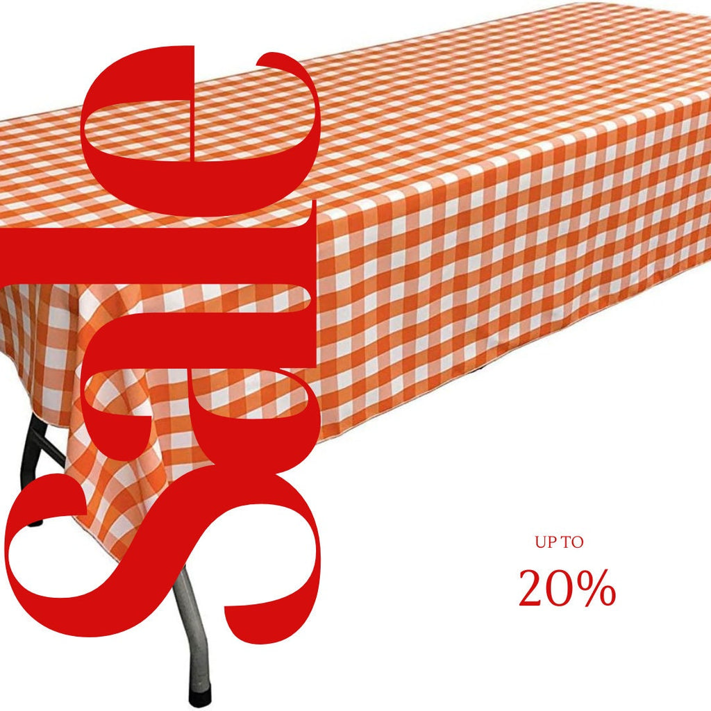 Polyester Poplin Gingham Checkered Rectangular Tablecloth (White & Orange, Choose Size Below