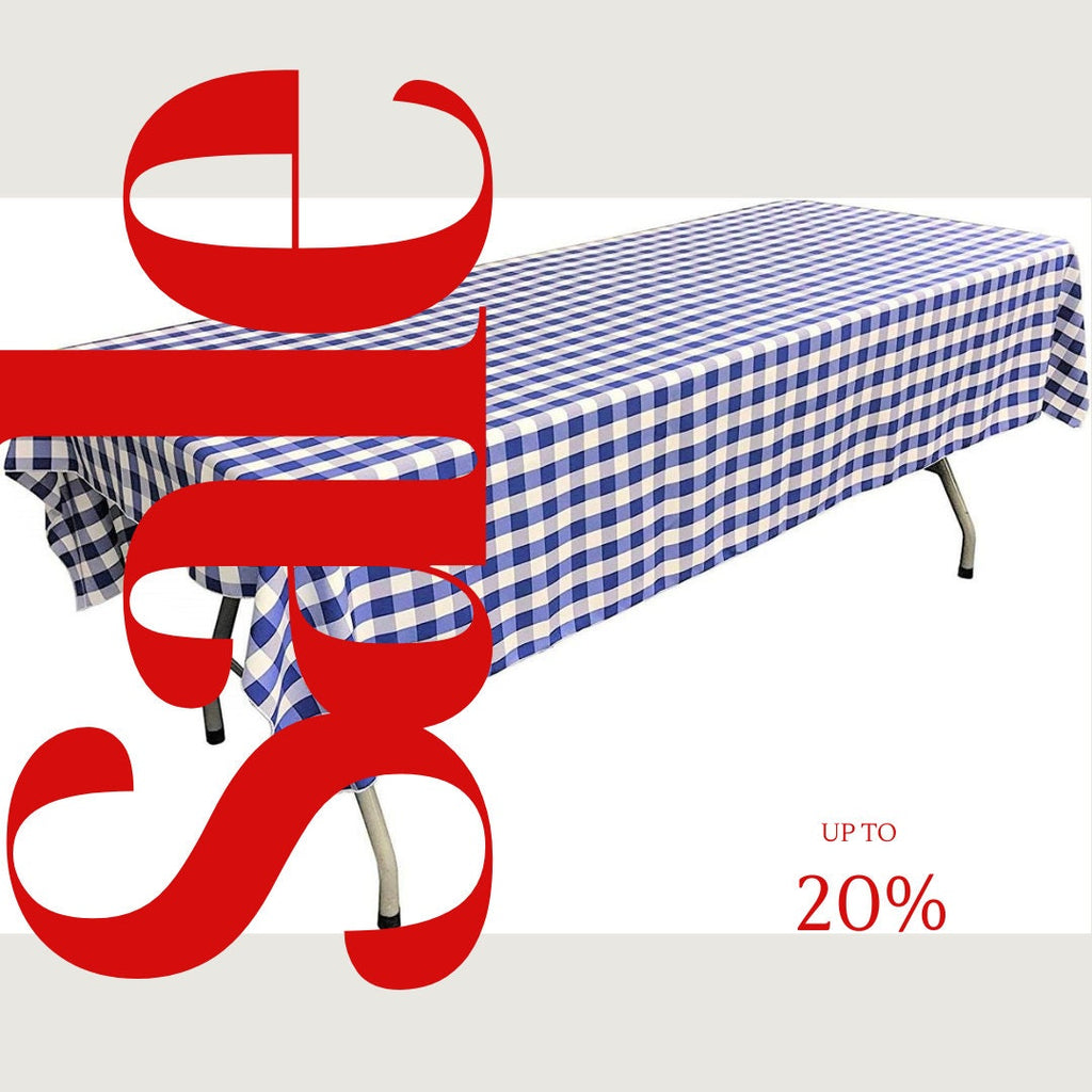 Polyester Poplin Gingham Checkered Rectangular Tablecloth (White & Royal, Choose Size Below