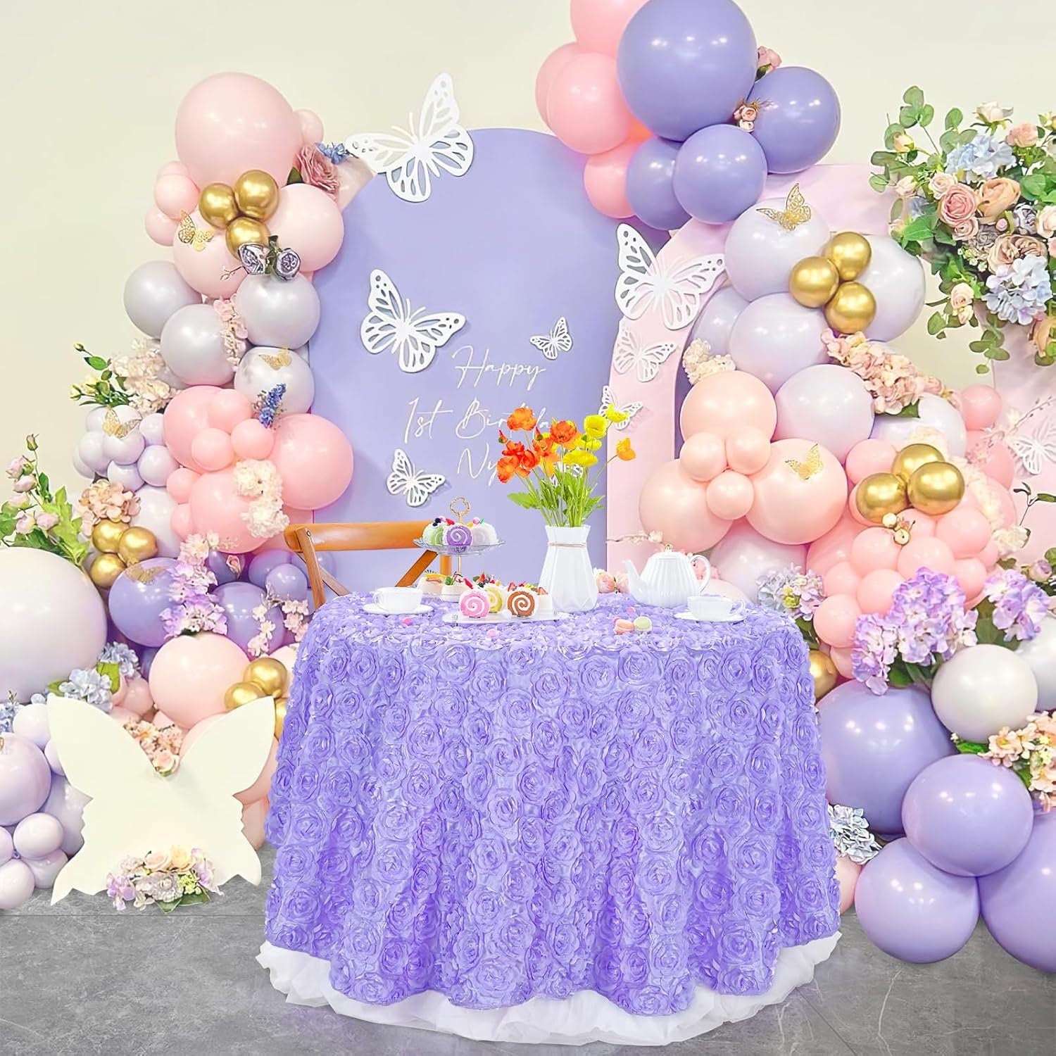 LAVENDER - Round Tablecloth Table Cloth Satin Rosette Tablecloth - 3D Floral Table Cloth for Wedding Baby Shower Birthday Tea Party Dessert