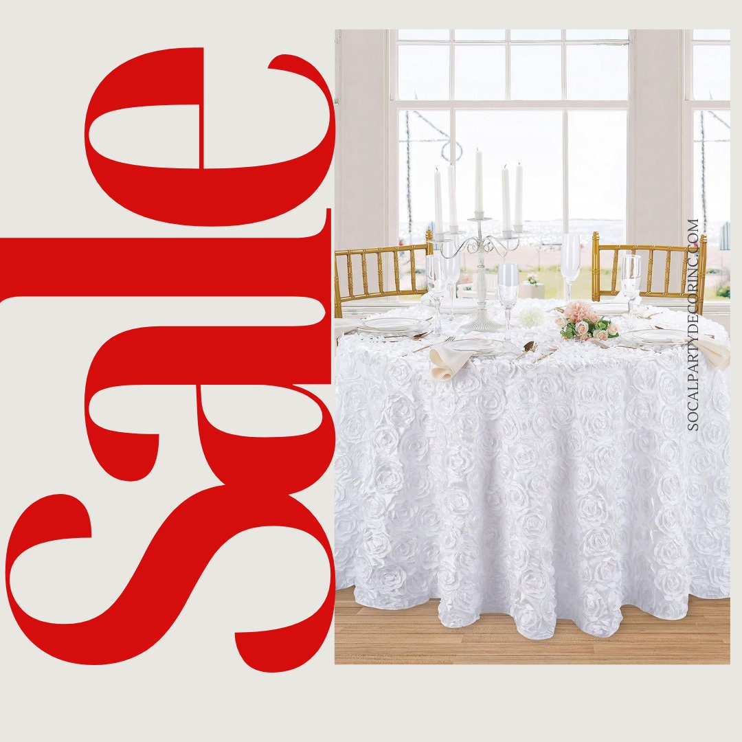 WHITE - Round Tablecloth Table Cloth Satin Rosette Tablecloth - 3D Floral Table Cloth for Wedding Baby Shower Birthday Tea Party Dessert