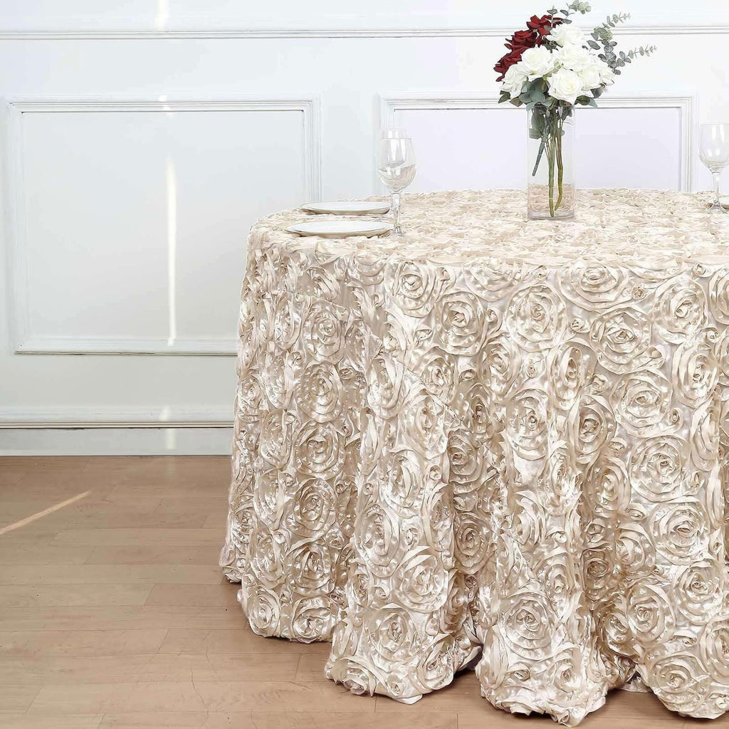 CHAMPAGNE - Round Tablecloth Table Cloth Satin Rosette Tablecloth - 3D Floral Table Cloth for Wedding Baby Shower Birthday Tea Party Dessert