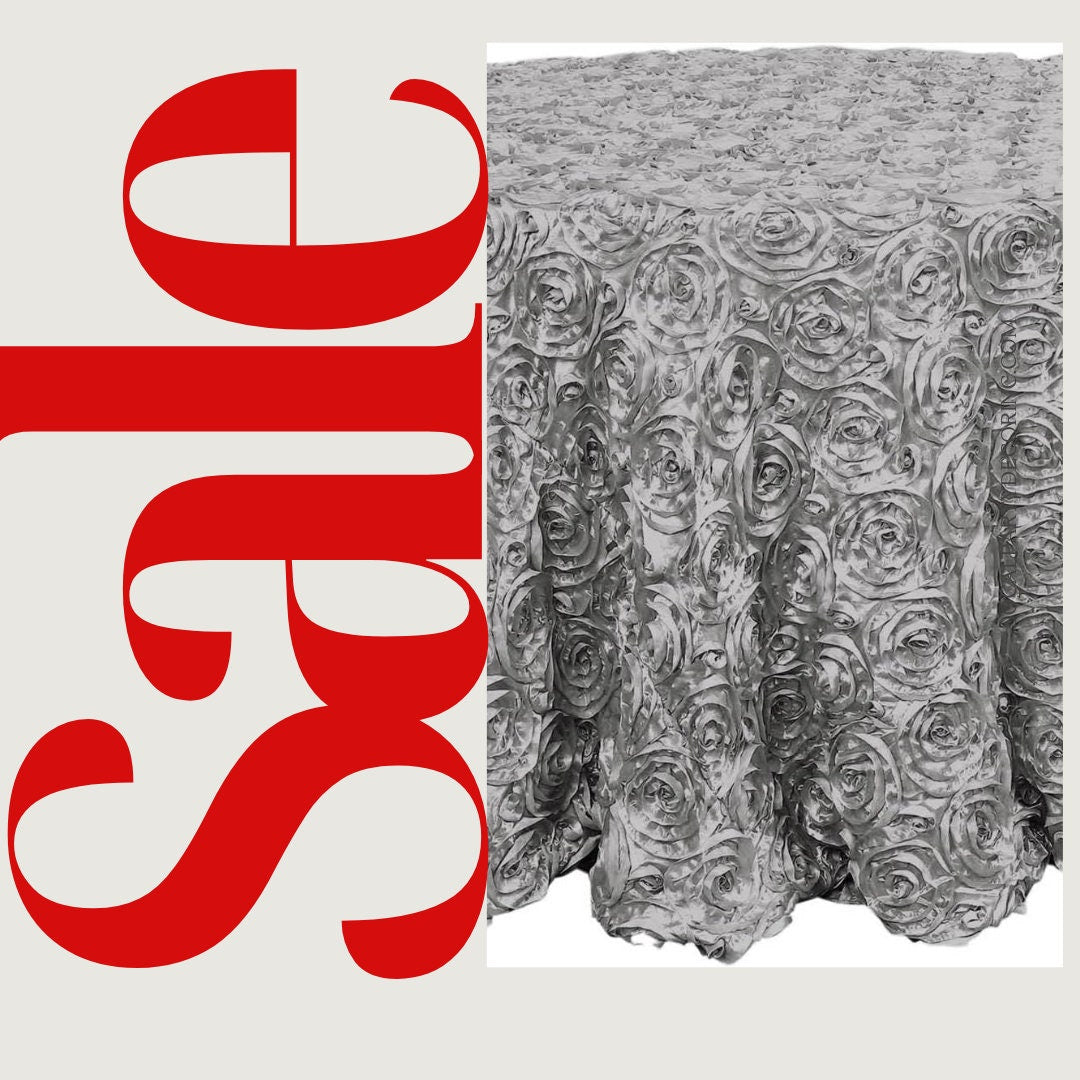 SILVER - Round Tablecloth Table Cloth Satin Rosette Tablecloth - 3D Floral Table Cloth for Wedding Baby Shower Birthday Tea Party Dessert