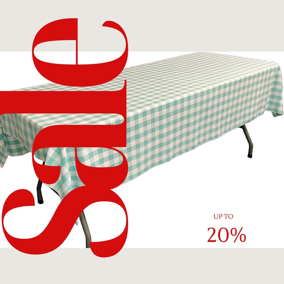 Polyester Poplin Gingham Checkered Rectangular Tablecloth (White & Aqua, Choose Size Below