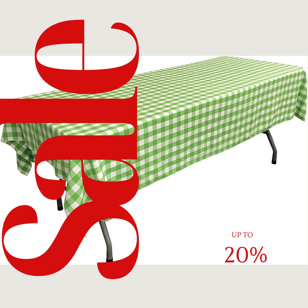 Polyester Poplin Gingham Checkered Rectangular Tablecloth (White & Lime, Choose Size Below